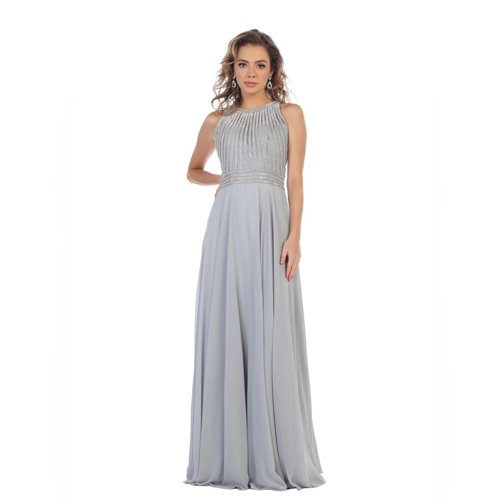 May Queen Beaded Illusion Jewel Chiffon Gown - Silver